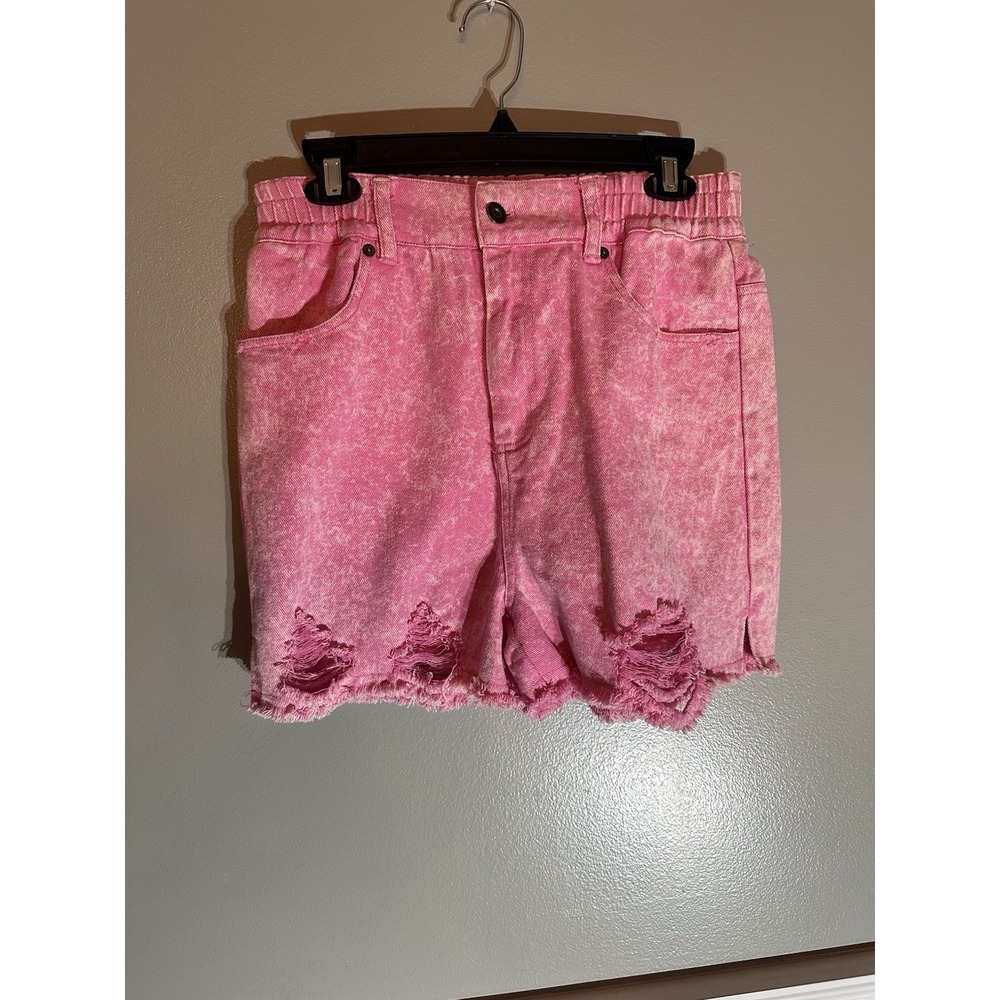 Paperbag Distressed Denim Shorts Pink Acid Wash Cut Off Raw Hem‎ High Waist